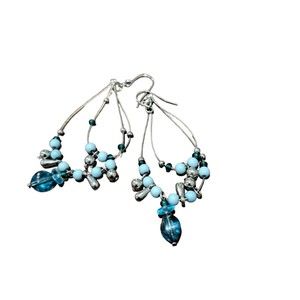 Blue Pierced Beaded Teardrop Hoop Earrings #97